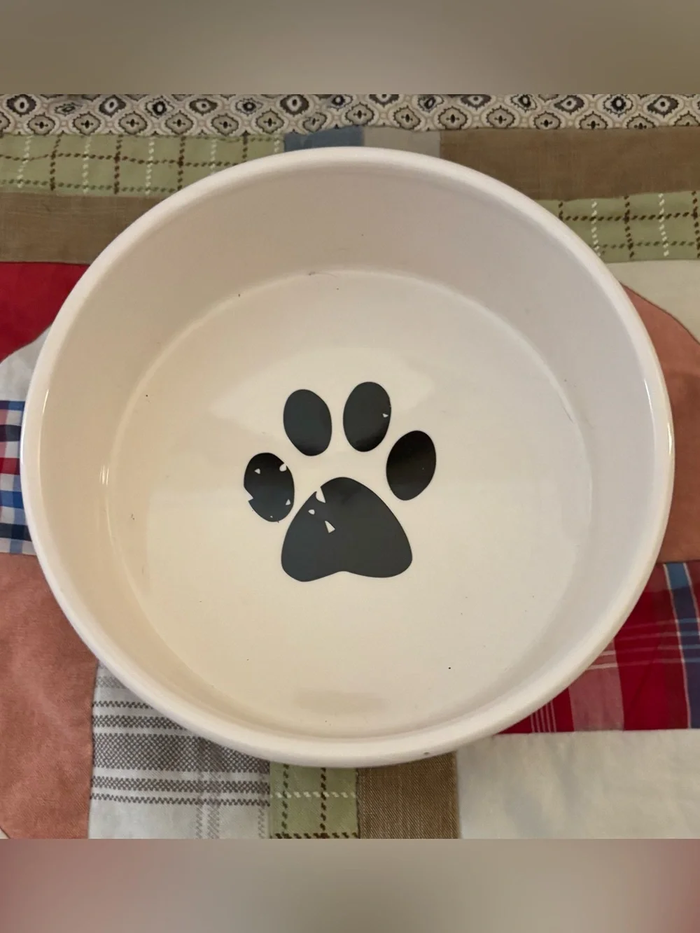 White Ceramic Water Bowl with Black Writing & Paw Print Size 6.25”D